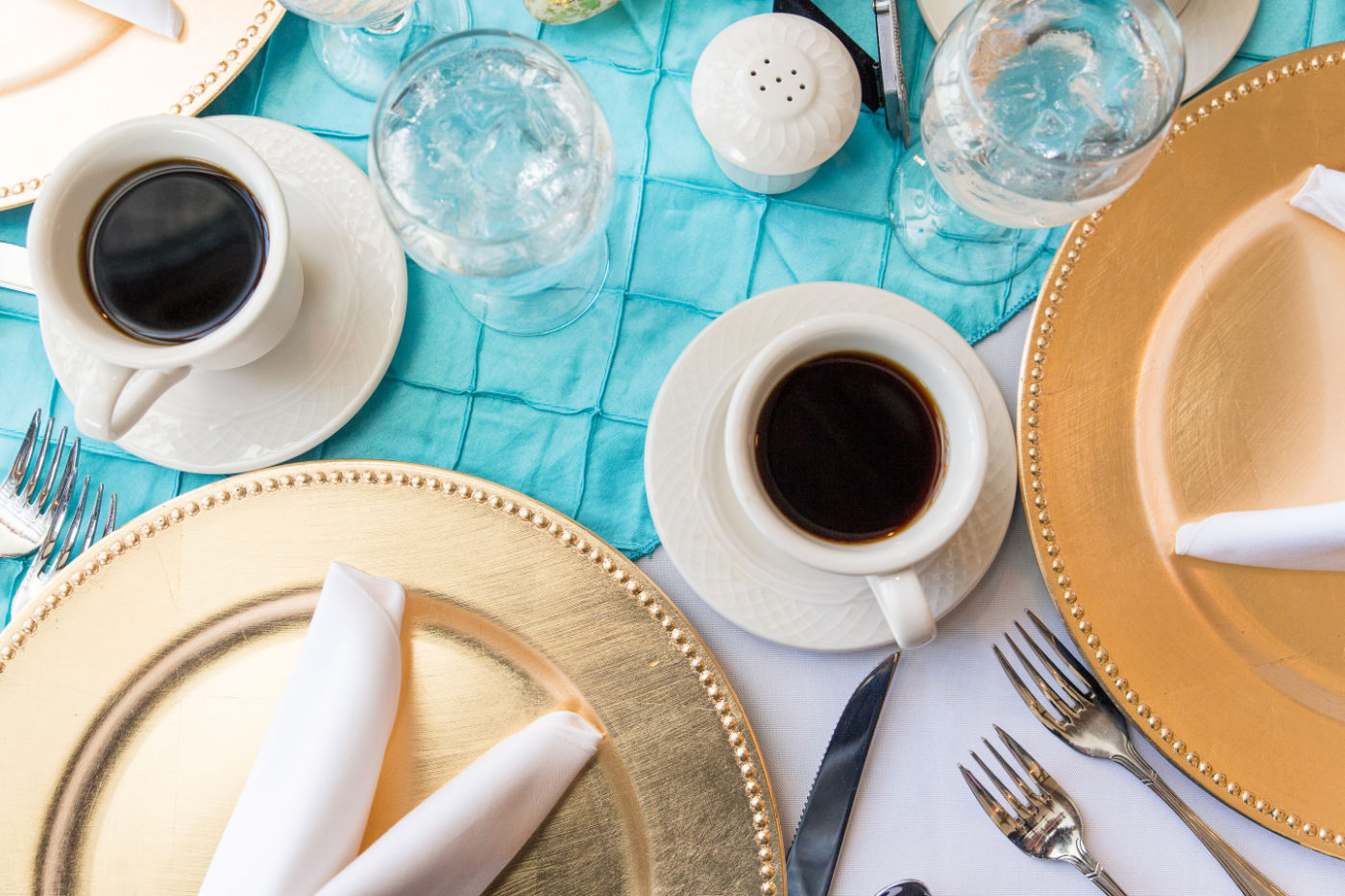 Tabletop setup with coffee and dishes for brunch